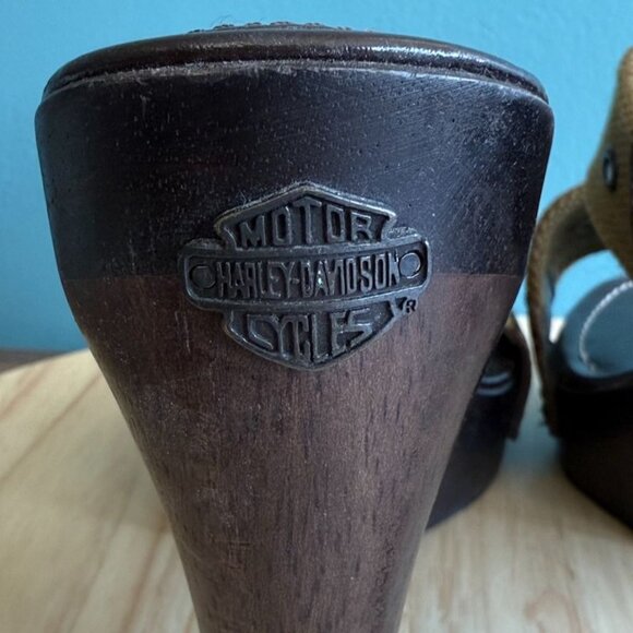 Vintage Womens Harley-Davidson 9 Platform Sandals Open Toe High Heel Olive Green - Picture 11 of 15